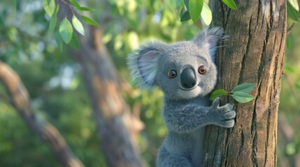 Naklejka premium A cute cartoon koala with big brown eyes and a sweet smile hugs a tree trunk, surrounded by lush greenery.