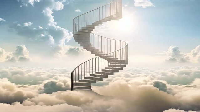 A surreal image of floating staircase twisting in clouds evoking disorientation. Concept Surreal, Floating Staircase, Twisting, Clouds, Disorientation