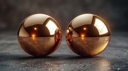 Shiny metallic spheres reflecting surroundings in a studio