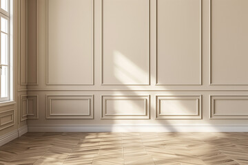 Fototapeta premium Beige colored wall with wooden floor. Photography backdrop.