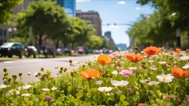 Urban Biodiversity Displayed in City Center's Lush Green Space with Vibrant Wildflowers. Concept Urban Biodiversity, City Center, Lush Green Space, Vibrant Wildflowers