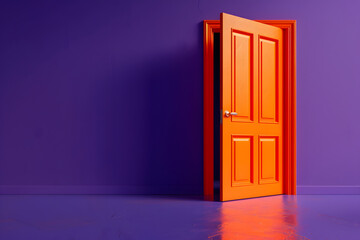 vibrant orange door opening into darkness against a purple background