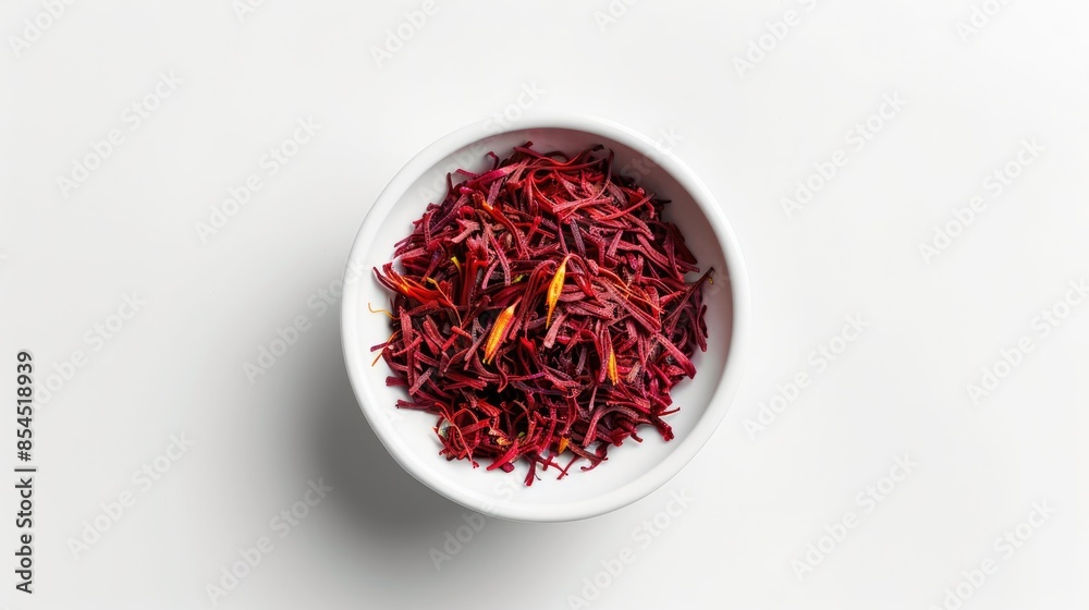 Sticker Top view of a white bowl containing fragrant saffron isolated on a white background