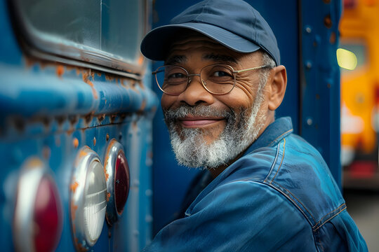 Cheerful senior postal worker with a friendly smile poses for a portrait against his blue delivery truck on national postal worker day, showcasing the human face of daily mail service