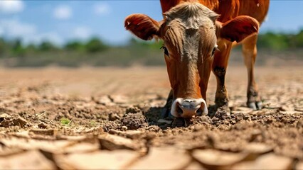 Sparse cow on dry soil represents water scarcity in developing nations. Concept Water Scarcity, Environmental Issues, Global Development, Livelihood Challenges, Sustainable Resources