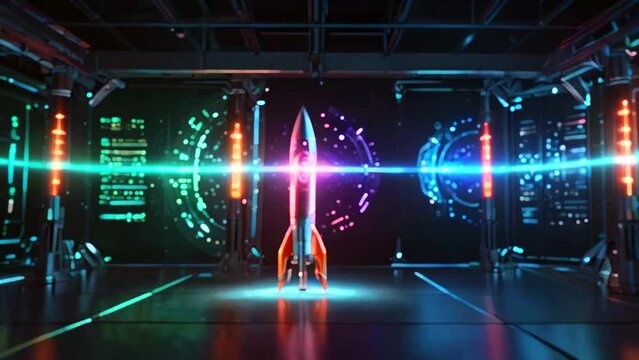 A rocket ship in a futuristic hangar. The rocket is red and white, and there are green and blue lights on either side of it. There is a large screen on the back wall of the hangar. - Powered by Adobe