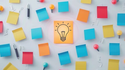 Creative brainstorming concept with sticky notes and light bulb illustration, representing innovative ideas and teamwork on a white background.