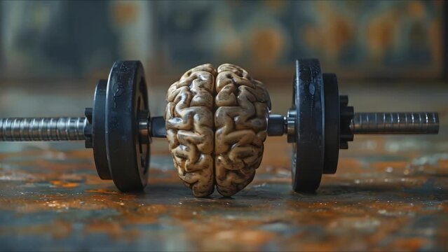 Strengthening the Mind: Steel Brain Lifting a Heavy Dumbbell. Concept Mental strength, Brain exercise, Cognitive fitness, Mind power, Brain workout