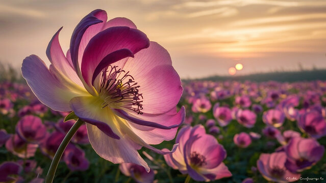 A captivating cinematic wildlife photograph of an Anemone pulsatile flower, featuring a close-up view of its mesmerizing velvety deep violet petals, contrasted by soft pale pink and subtle yellow hue