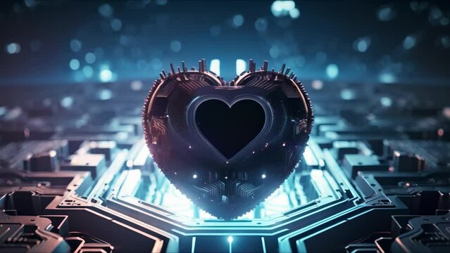 Digital artwork featuring a blue heartshaped central processing unit symbolizing love. Concept Digital Art, Blue Heart, Central Processing Unit, Symbol of Love, Technology and Emotion