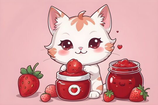 strawberry jam in jar with kkitten