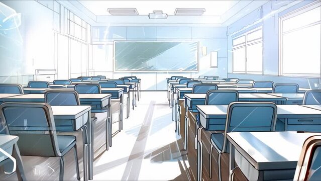 A looping animation of a classroom with desks and a chalkboard. Concept Classroom Animation, Desk Setup, Chalkboard Design, Looping Motion, Educational Scene