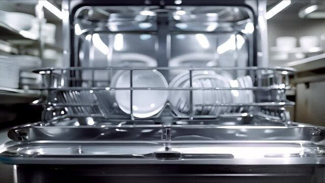 An industrial dishwasher in action cleaning dishes and silverware to perfection. Concept Commercial Kitchen Equipment, Dishwashing Technology, Industrial Cleaning, Efficient Kitchenware Maintenance