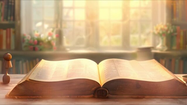 Vintage open book with animated pages digitally rendered in 3D centered copy space selective focus. Concept Book Illustration, Vintage Aesthetic, 3D Animation, Copy Space, Selective Focus