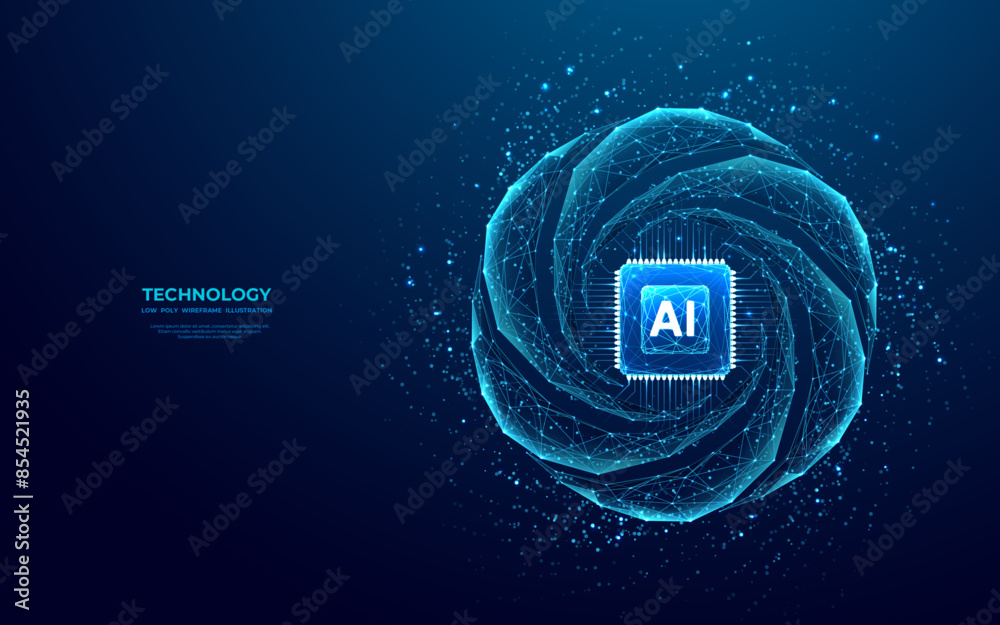 Poster AI chip and chatbot icon on technology blue background. Artificial Intelligence innovation concept. AI processor and light blue circuit lines. Low poly wireframe vector illustration. CPU semiconductor