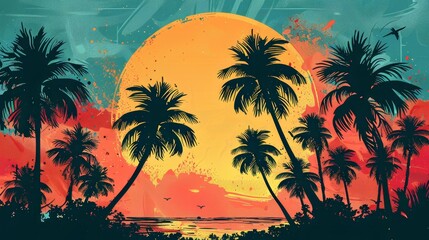 Obraz premium Tropical sunset with palm trees silhouette