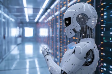 Futuristic robot in a server room