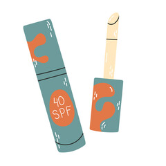 Lip treatment with sun protection. Sunscreen for lips. Balm, lipstick, shine, butterstick. Packaging, bottle, tube. Vector illustration isolated on white background in hand drawn style