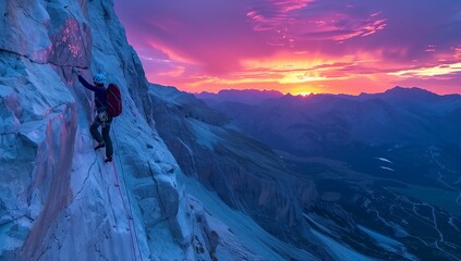 Person climbing snowy mountain at sunset with cloudy landscape - Powered by Adobe