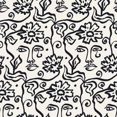 Black and white brush strokes ink wash flowers and female faces seamless pattern. Abstract monochrome floral modern fashion background. Minimalist botanical wallpaper