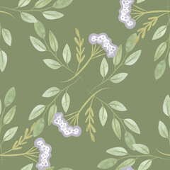 White oregano and soft green branches with leaves. Seamless watercolor pattern for fabric, wallpaper, wrapping paper, packaging cosmetics, tablecloths, curtains and home textiles.