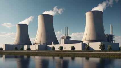 Fototapeta premium Rendering of a nuclear power plant with floating turbines and air coolers