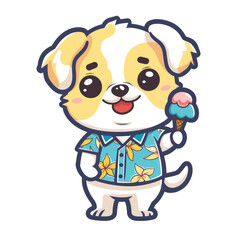 Obraz premium Sticker of cute cartoon dog wearing a Hawaiian shirt and holding an ice cream