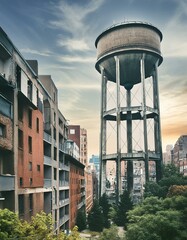 Tower of the Aqueduct with rust, brutalist architecture in the city