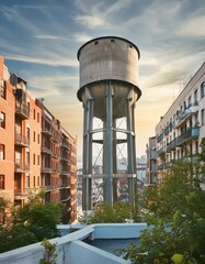 Tower of the Aqueduct with rust, brutalist architecture in the city