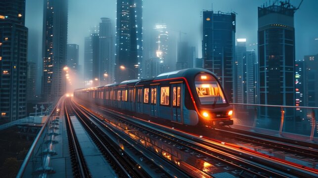 A high speed maglev train races through a futuristic cityscape its sleek form illuminated by the glow of neon lights and towering skyscrapers