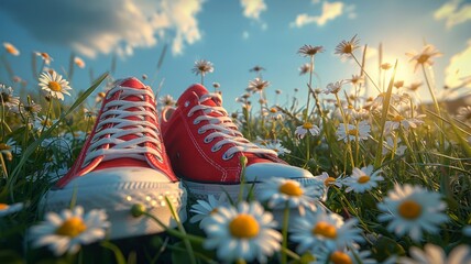 Relaxing in a daisy field with red sneakers