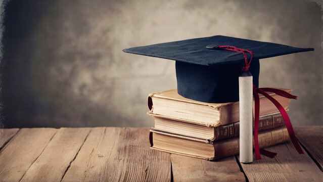 A mortarboard and graduation scroll, tied with red ribbon, on a stack of old battered book with empty space to the left. Slightly undersaturated with vignette for vintage effect