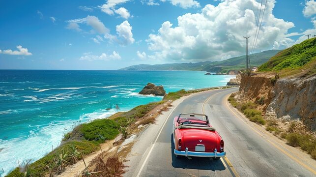 Vintage red convertible sports car driving along a winding coastal highway with stunning ocean cliff and mountain landscape views on a sunny summer day