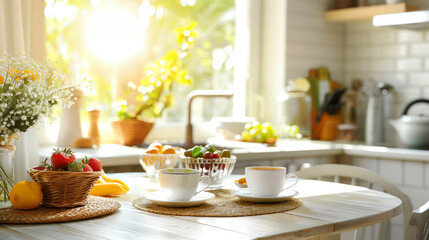 Healthy breakfast setup, copy space on left, bright and airy kitchen scene