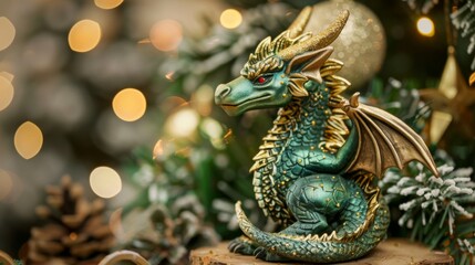 Obraz premium Majestic Green and Gold Dragon Figurine, Generative AI