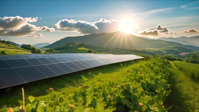 Comparison of Solar and Nuclear Power Plants in a Beautiful Landscape. Concept Sustainable Energy, Renewable Resources, Green Technology, Power Generation, Environmental Impact