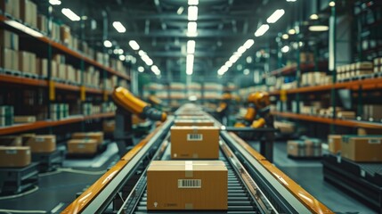 Interior view of an automated distribution warehouse facility with robotic systems sorting and moving packages along conveyor belts and shelving units