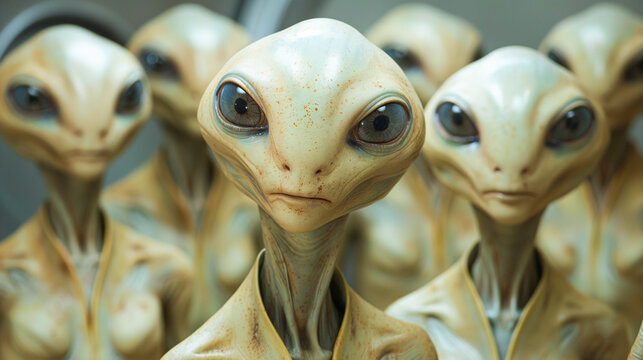 Large Crowd of Alien Creatures with Large Vibrant Eyes. Surreal Fantasy, Science Fiction Movie Makeup, Mythology, Future. Otherwordly, Artistic, Ornamental, Mystical, Bright, Odd, Bizzare. Book, Story
