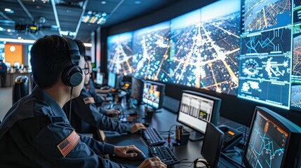 High Tech Logistics Control Room with Coordinating Team Overseeing in a Corporate Enterprise  Advanced Dashboards Data Screens and Communication Systems for Efficient Management and Decision Making