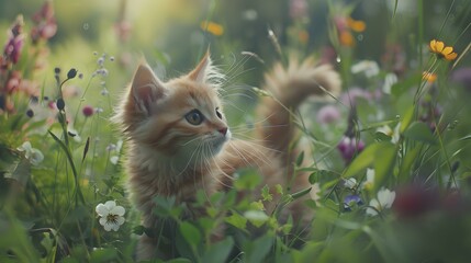 A kitten exploring a flower meadow  picture