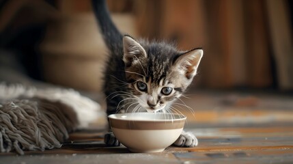 A kitten carefully approaches its bowl image