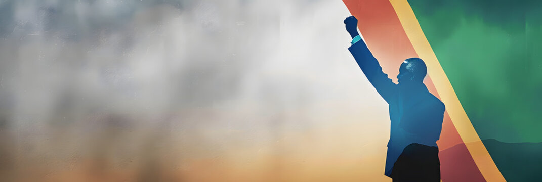 18 July. Banner design with copy space. South African flag and silhouette of Mandela. - Powered by Adobe