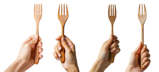 hand holding wood fork isolated on a transparent background
