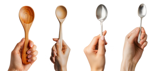 hand holding spoon and wood spoon isolated on a transparent background