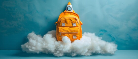 Fototapeta premium A yellow backpack with a rocket ship design floats on a white cloud in front of a blue background, symbolizing the excitement and anticipation of back to school. Back to school