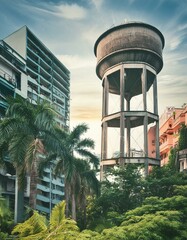 Tower of the Aqueduct in brutalist architecture with tropical nature in the city