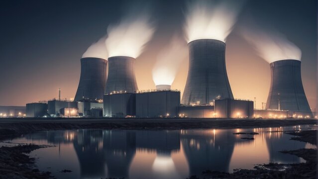Rendering of a nuclear power plant with floating turbines and air coolers