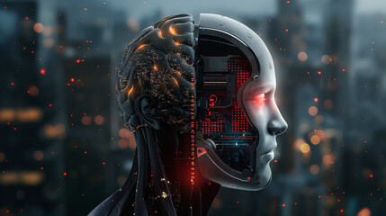 A conceptual image of a human brain with glowing neural networks integrated into a sleek, white robotic head, symbolizing artificial intelligence and the fusion of biology and technology