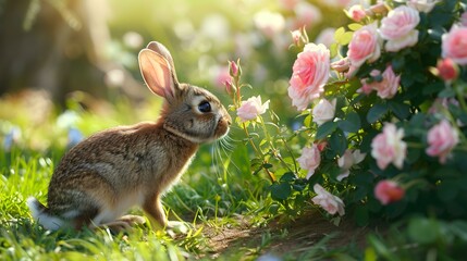 A rabbit smells pink roses image