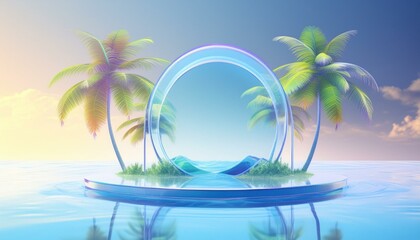 Obraz premium 3d render of Abstract minimal display podium for showing products or cosmetic presentation with summer beach scene. Summer time.